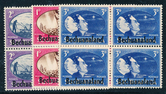 Bechuanaland - 1945 - Victory - set of 3 blks of 4 mint hinged . SG 129-131 .