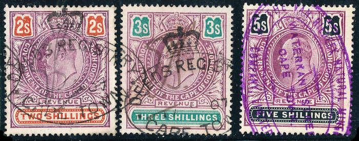 Cape of Good Hope Revenue Stamps - 1903 - Edward 7 - 2s, 3s, 5s fine fiscally used . B&H 149, 151,
