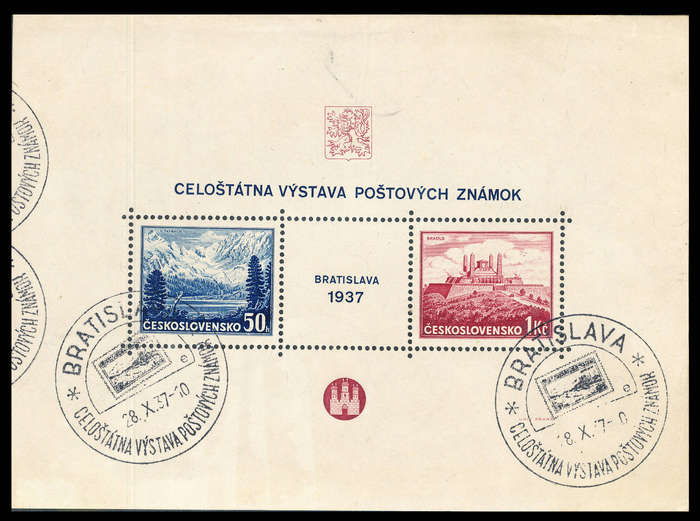 Czechoslovakia - 1937 - Philatelic Exhibition - m/sheet fine used Bratislava Comm pmks 28-7-37.