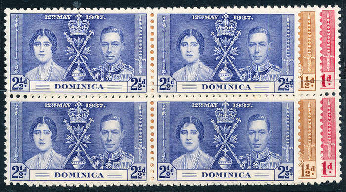 Dominica - 1937 - Coronation - set of 3 in blks of 4 mint unhinged . SG 96-98 .