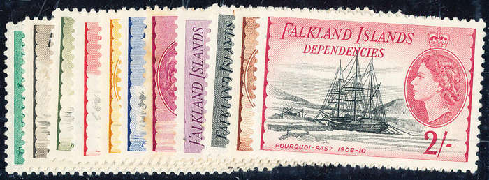 Falkland Island Dependencies - 1954 - Eliz Defins - ½d to 2s mint hinged . SG G26-36 .