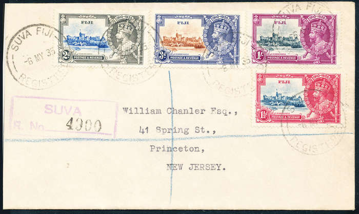 Fiji - 1935 - Silver Jubilee - set of 4 plain white cv addressed w/ 6 May 1935 pmk on each stamp