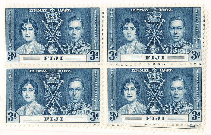 Fiji - 1937 - Coronation - set of 3 in blks of 4 mint unhinged . SG 246-248 .