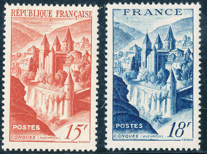 France - 1947-48 - Conques Abbey - set of 2 fine mint . SG 1021-1022 .