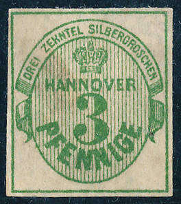 German States Hanover - 1863 - 3 yellow-green on white unused no gum sold as a forgery . SG 34 .