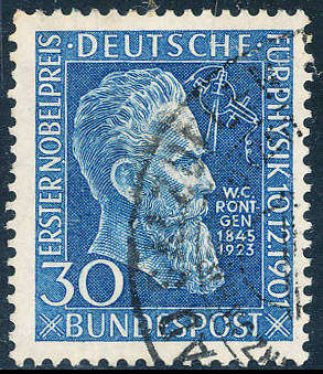 Germany West - 1951 - Rontgen - 30PF blue fine used . SG 147 .