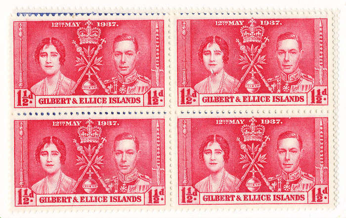 Gilbert & Ellice Islands - 1937 - Coronation - set of 3 blocks of 4 mint unhinged . SG 40-42 .