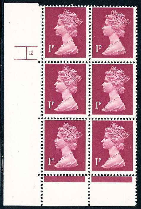 Great Britain - 1990's Machin Defins - 1P crimson cyl 12 blk of 6 u.m. SG 925 .