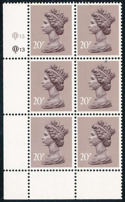 Great Britain - 1990's - Machin Defins - 20P dull purple cyl Q13 blk of 6 (2 x 3) mint unhinged .