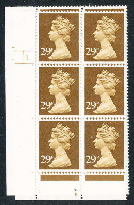 Great Britain Machin Cylinder Blocks - 1982 - 29P x 2 ochre-brown mint unhinged cylinder 1 blks of 6