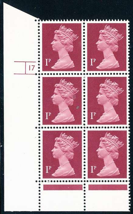 Great Britain - 1990's - Machin Defins - 1P crimson cyl 17 blk of 6 u.m. SG 925 .