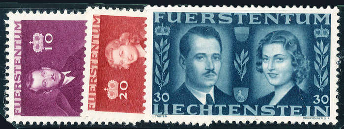 Liechtenstein - 1943 - Royal Marriage - set of 3 mint hinged . SG 214-216 .
