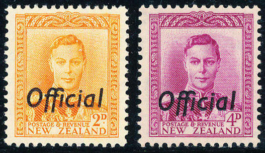 New Zealand Official Stamps - 1947 - 51 - Geo 6 - 2d orange & 4d brt purple mint unhinged . 0152-153