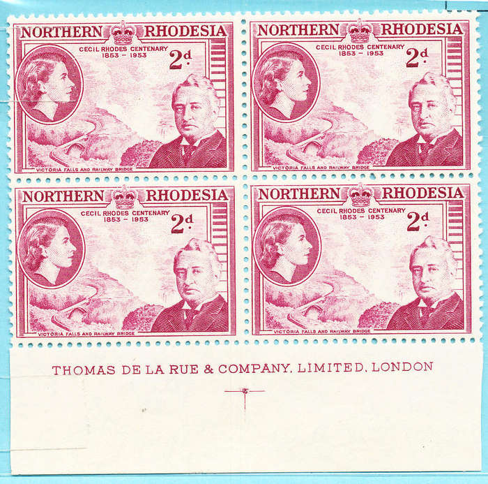 Northern Rhodesia - 1953 - Rhodes Centenary - 3d mauve u.m. imprint blk of 4 . SG 56 .