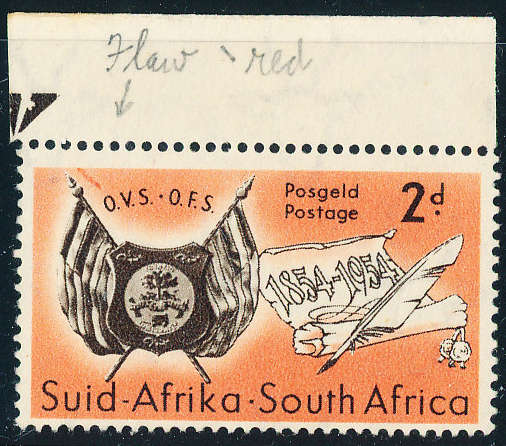 South Africa - 1954 - O.F.S. Centenary - 2d top marginal singles var red mark above 'o' of O.V.S.