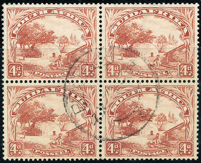 South Africa - 1930 - 45 - 4d reddish-brown wmk upright fine used blk of 4 . SACC 47b .
