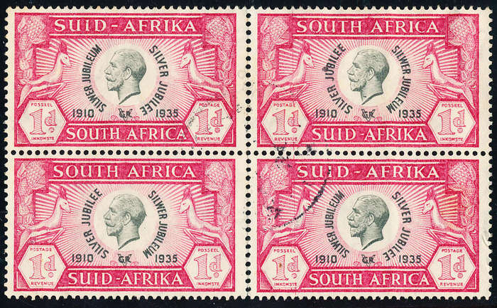 South Africa - 1935 - Silver Jubilee - 1d block of 4 fine used . SACC 65 .
