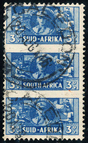South Africa - 1942 - 1944 - Small War Effort - 3d blue unit of 3 fine used . SACC 99 .