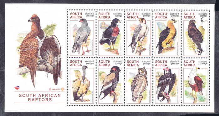 South Africa - 1998 - S.A. Raptors - m/sheet of 10 std postage stamps mint unhinged . SACC 1118 .