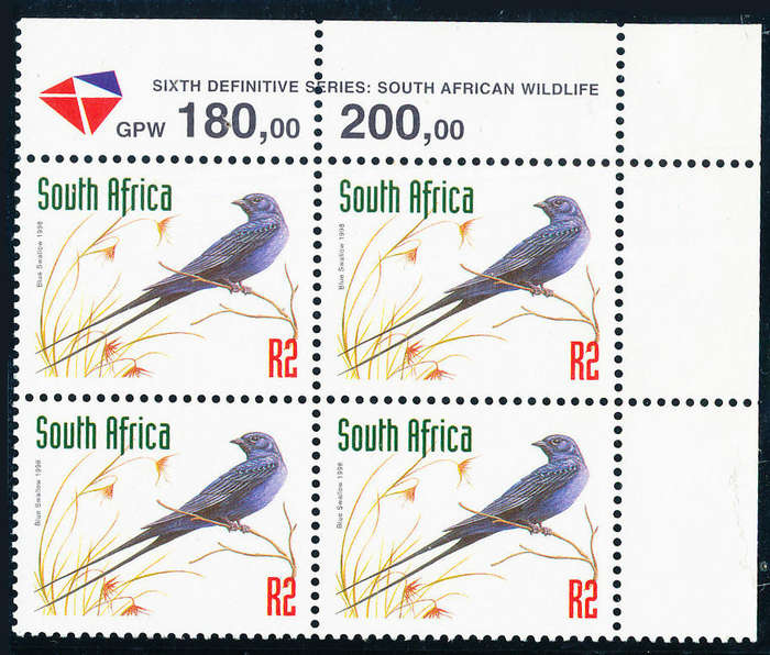 South Africa - 1998 - 6th Defins (Redrawn) R2 ctrl blk of 4 (DLR) no date print date 16/11/ SG 1167a
