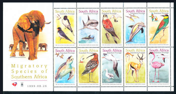 South Africa - 1999 - Migratory Species - sheetle of 10 std stamps mint unhinged . SACC 1245 .