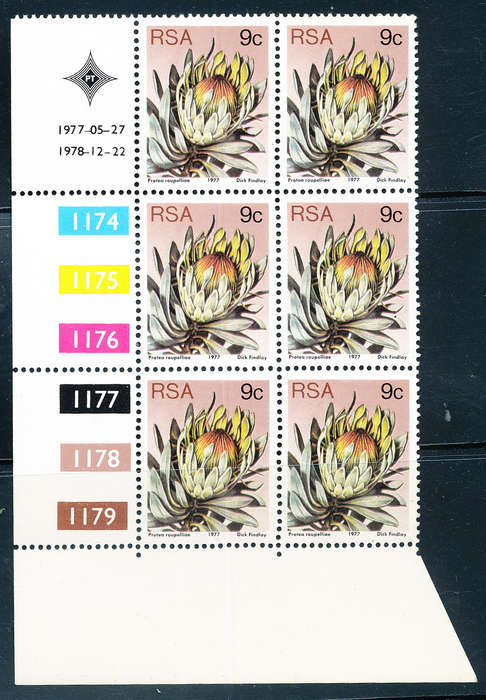South Africa - 1977 - Protea Defins - 9c ctrl blk of 6 cyl 1174-1179 mint unhinged D/D 22/12/1978 .