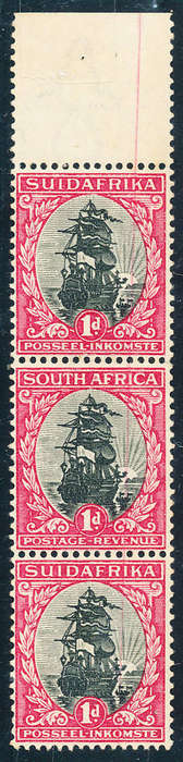 South Africa - 1930-45 - Roto Ptg - 1d black & rose top marginal vertical strip of 3 wmk inv variety