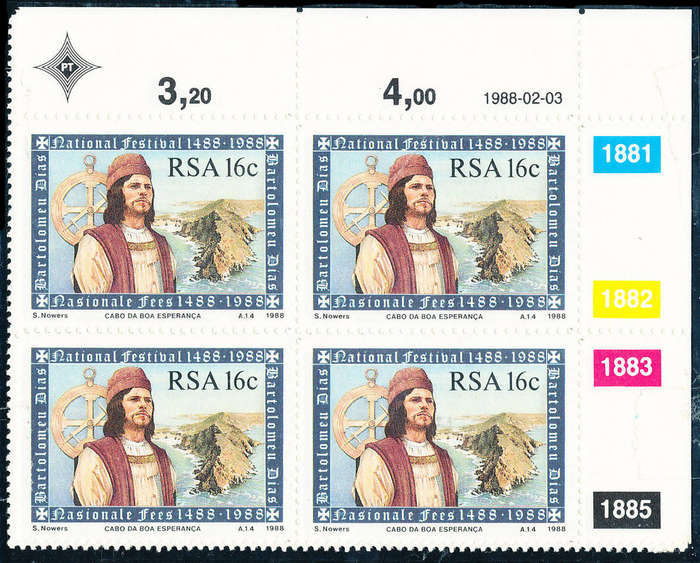 South Africa - 1988 - 500th Anniv of Discovery of Cape - set of 4 ctrl blks of 4 mint unhinged .