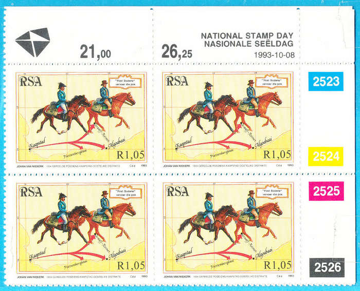 South Africa - 1993 - National Stamp Day - set of 4 ctrl blks of 4 mint unhinged . SACC 843-846 .