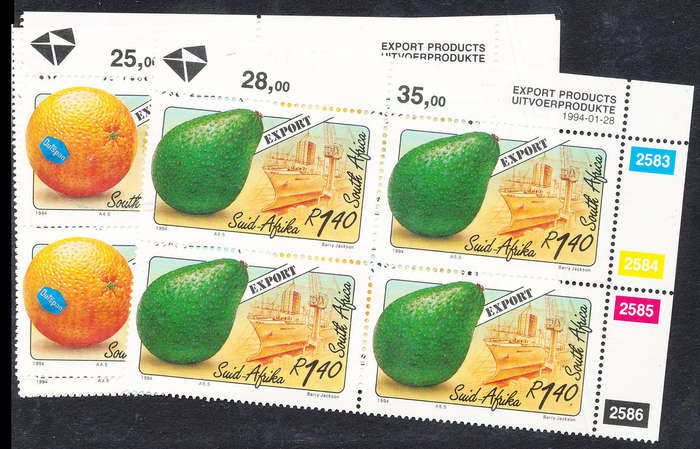 South Africa - 1994 - Export Fruits - set of 5 ctrl blk of 4 mint unhinged . SACC 853-857 .