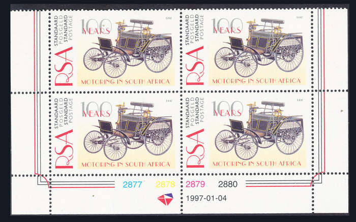South Africa - 1997 - 100 years of motoring ctrl blk of 4 mint unhinged . SG 996 .