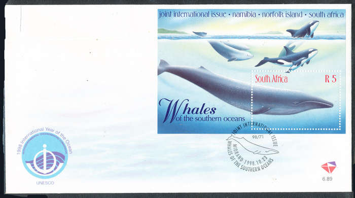 South Africa Official F.D.C.'s - 1998 - Whale - m/sheet F.D.C. no 6.89 . SACC 1176 .
