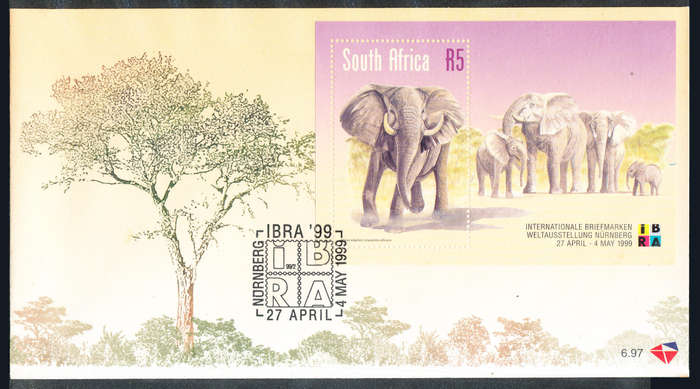 South Africa Official F.D.C.'s - 1999 - African Elephants - m/sheet Official CV 6.97 . Unaddressed .