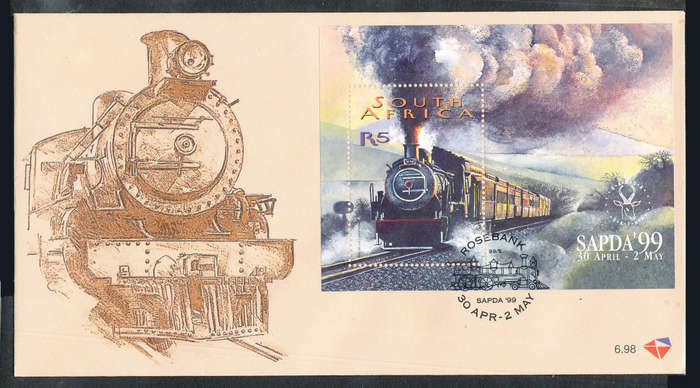 South Africa Official F.D.C.'s - 1999 - S.A.P.O.A. R5 m/sheet on CV 6.98 . SACC 1195 .