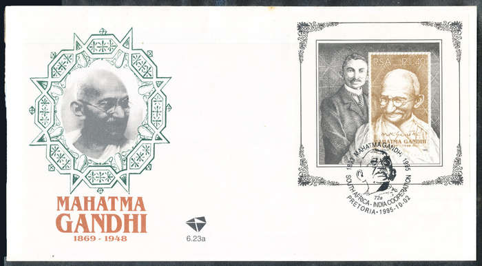 South Africa Official F.D.C.'s - 1995 - Ghandi - m/sheet CV 6.23a unaddressed . SACC 918 .