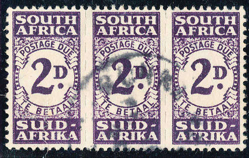 South Africa Postage Dues - 1943 - 1944 - 2d dull violet fine used unit of 3 stamps . SACC D 31 .