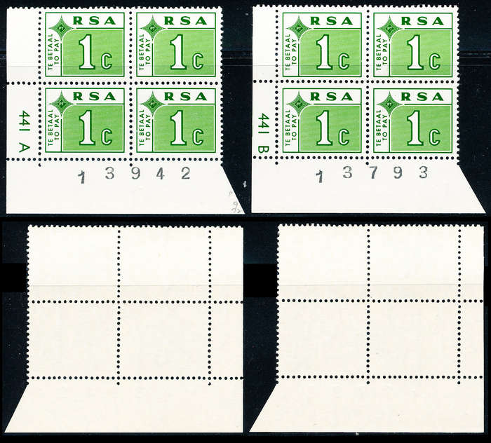 South Africa Postage Dues - 1972 - 1c green ctrl A & B blocks of 4 u.m. SACC D63 .