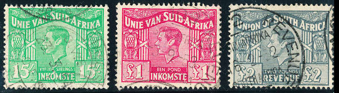 South Africa Revenue Stamps - 1946-52 - Geo 6 - 15s, £1, £2 fine fiscally used . B&H 76-78 .