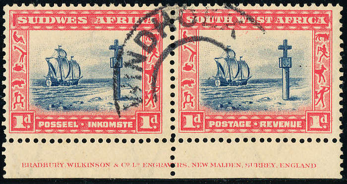 South West Africa - 1931 - Pict Defins - 1d perf down inscriptional horiz pair fine used . SACC 104a
