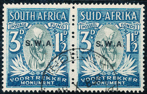 South West Africa - 1935-36 - Voortrekker Mem Fund - 3d + 1½d fine used horiz pair ovpt . SACC 122b