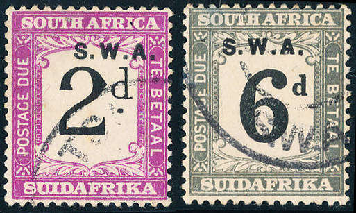 South West Africa Postage Dues - 1928 - 1929 - Group 8 - 2d & 6d fine used . SG 41, 45 .
