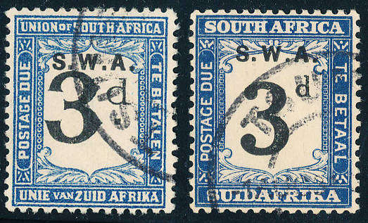 South West Africa Postage Dues - 1928 - 1929 - 3d blue & black both types fine used singles .