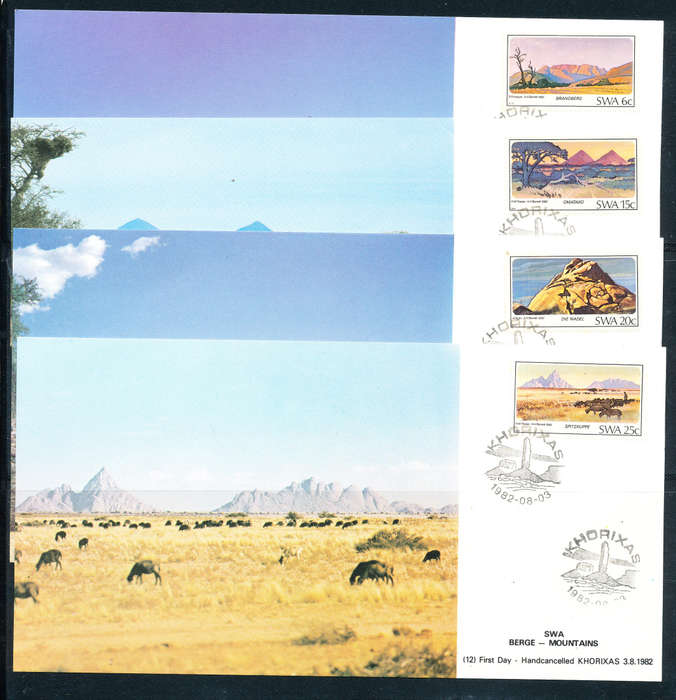 South West Africa Maxicards - 1982 - Mountains - set of 4 cards private issue . SW - 12 .