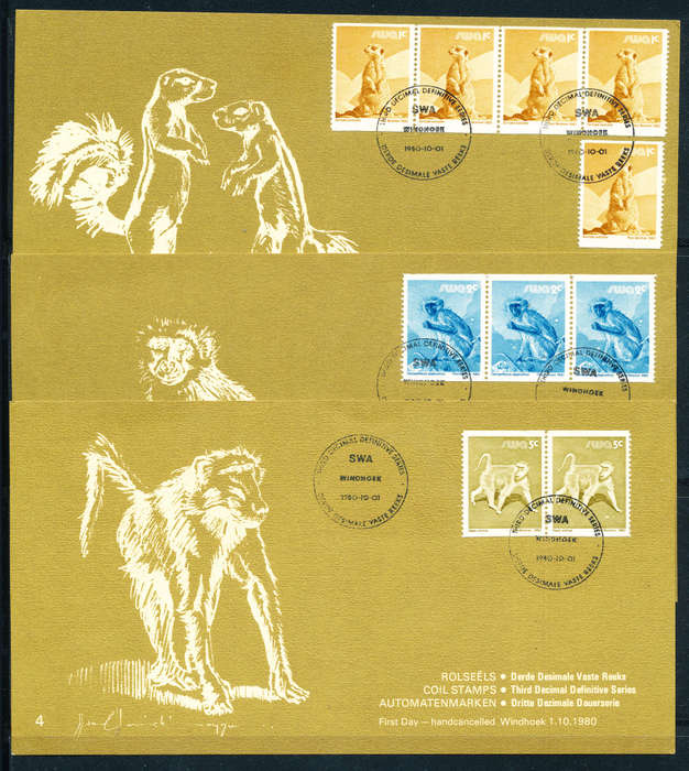 South West Africa Maxicards - 1980 - Coil Defins - set of 3 cards private issue . SW - 4 .