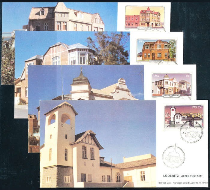 South West Africa Maxicards - 1981 - Luderitz Building - set of 4 cards private issues . SW - 8 .