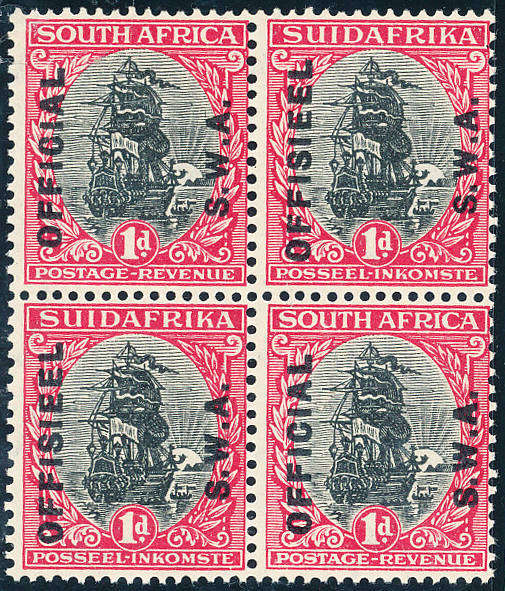 South West Africa Official Stamps - 1929 - 1d black & carmine blk of 4 mint unhinged . SACC 10 .