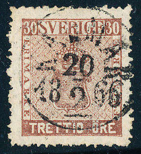 Sweden - 1858 - 30o lake brown fine used . SG 11b .