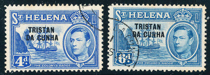Tristan Da Cunha - 1952 - St. Helena Stamps Ovptd - 4d ultra & 6d light blue fine used . SG 6-7 .