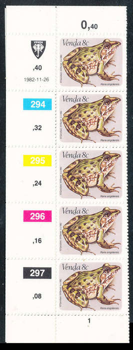 Venda - 1982 - Frogs - set of 4 control strips of 5 mint unhinged . SG 67-70 .
