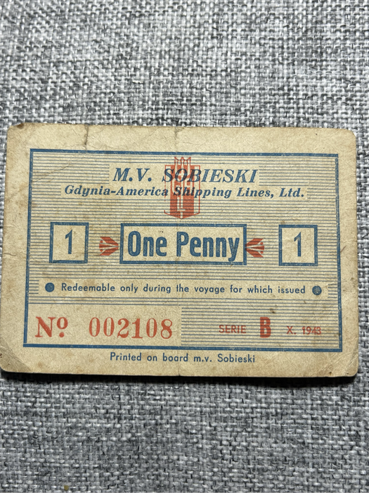 World War 2 M.V Sobieski Ship Voyage ticket